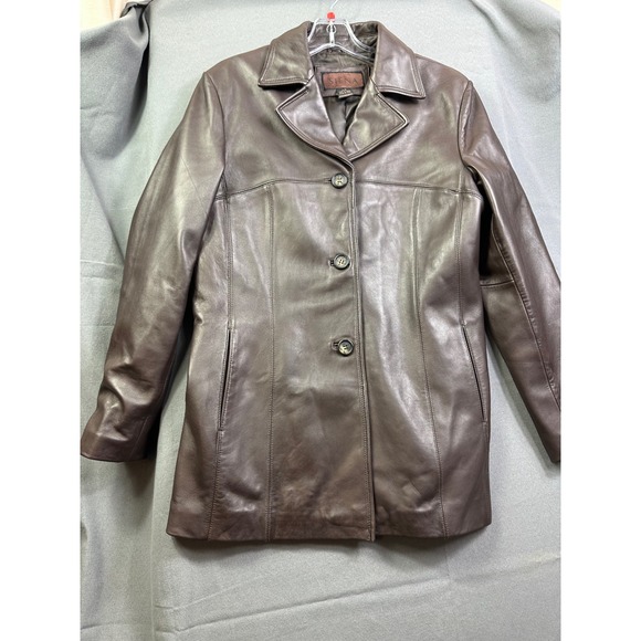 Siena Jackets & Blazers - Siena Brown Leather Jacket Women's Large Button Front Tailored Blazer Coat L
